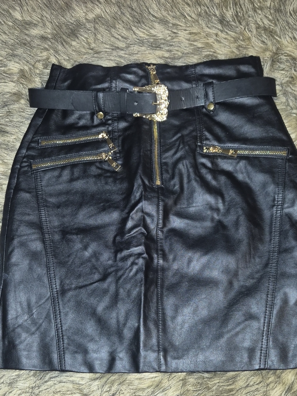 Guess Black Faux Leather Mini Skirt with Gold Buckle Belt